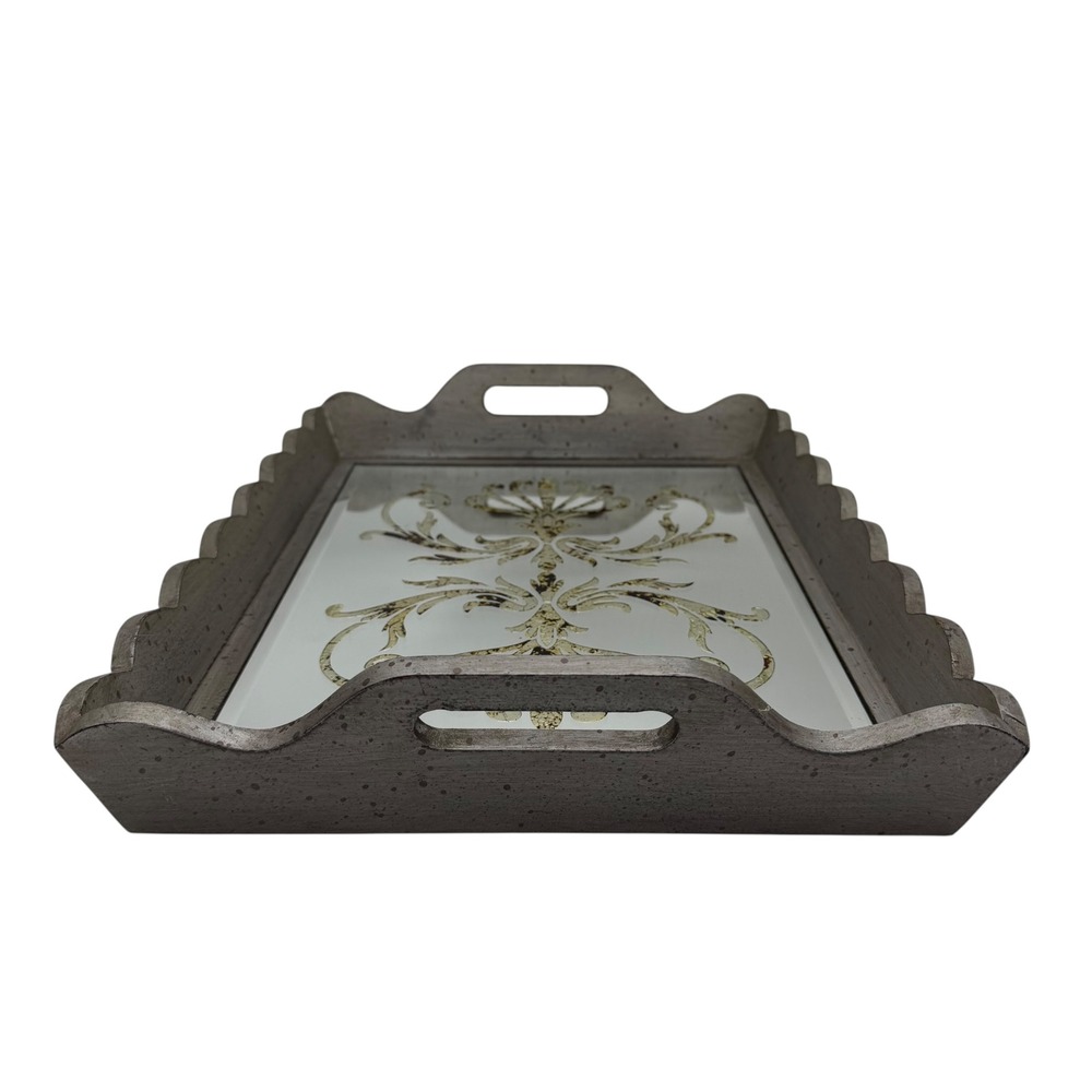 Decorative‎ Mirrored Serving Tray Gray Wood Gold Scroll Accent Handles - Picture 5 of 10